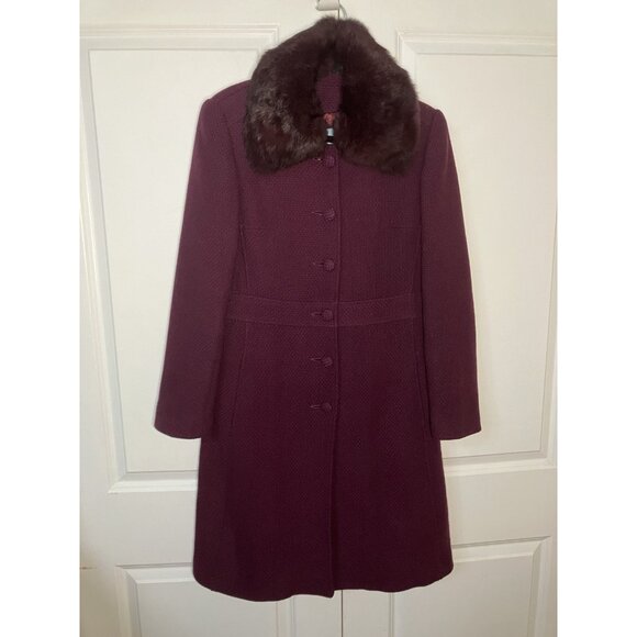 Guess by Marciano Trench Coat Womens L Purple Wool Blend Fur Collar Y2K Mob Wife - Picture 2 of 12